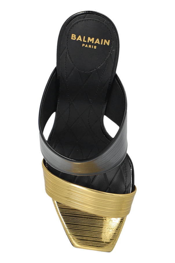BALMAIN 25S MULES IN STRIPED LEATHER 95MM IN BLACK CALFSKIN GOLD HARDWARE